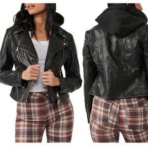 Free People XL Harriett Hooded Faux Leather Moto Jacket - NWT